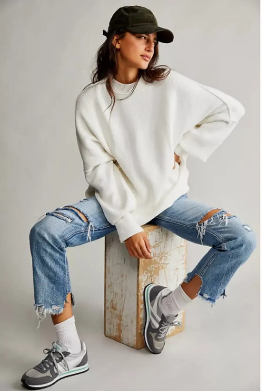 Free people white Ribbed Easy Street Sweater tunic